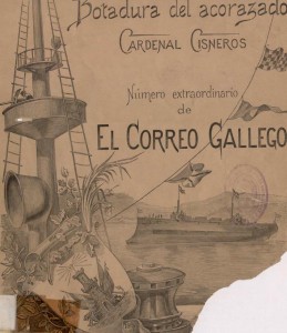 Recorte de la botadura del acorazado Cardenal Cisneros en la portada de el Correo Gallego